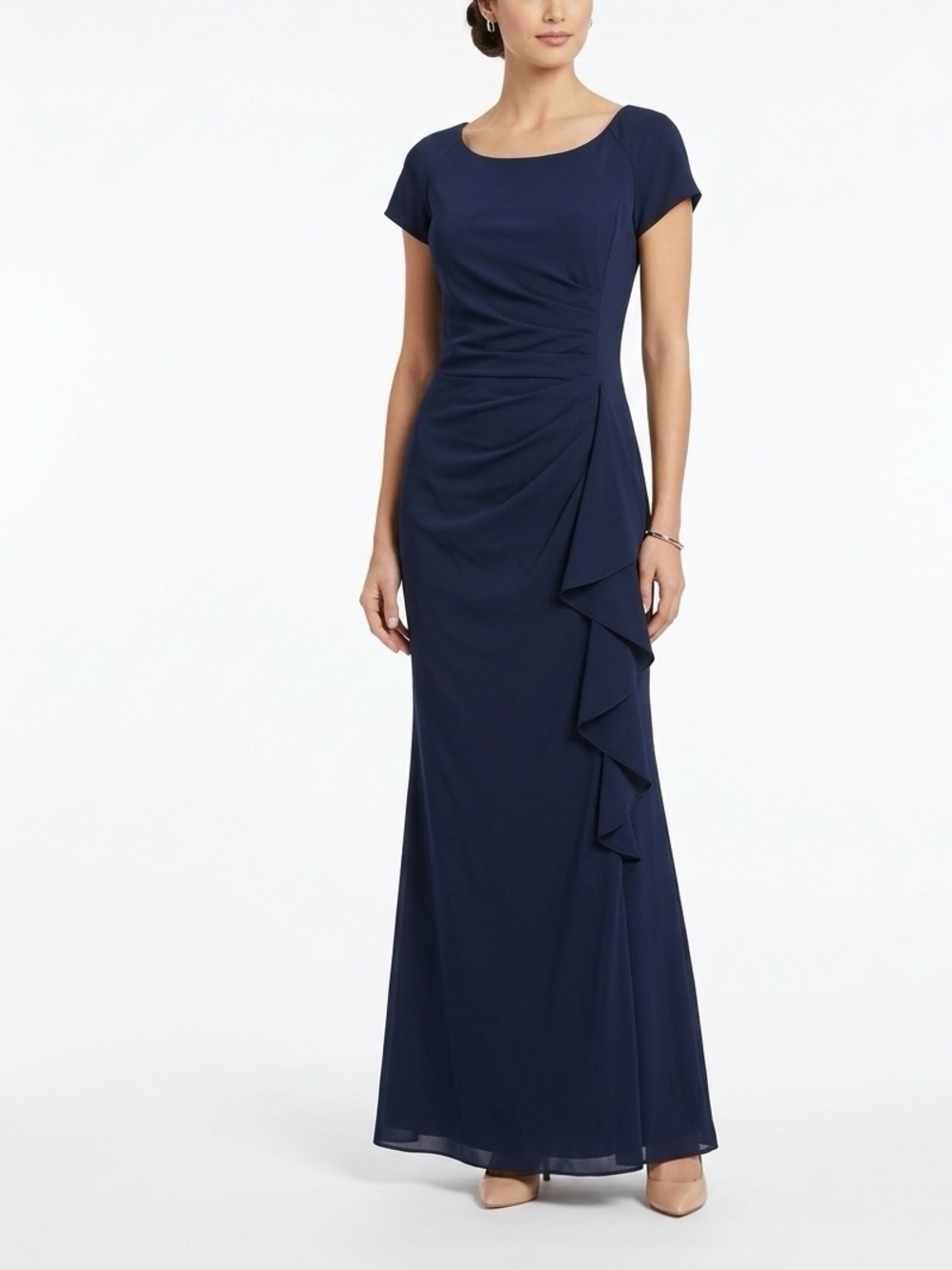 Cap-Sleeve Ruffle Maxi Dress in Navy